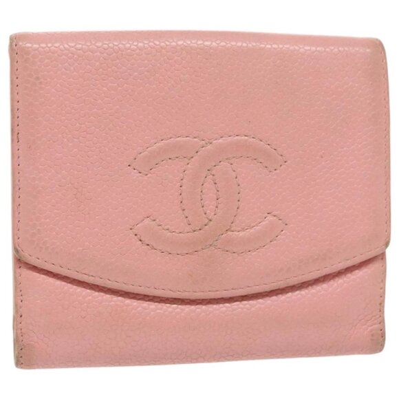 CHANEL COCO Mark Wallet Grained Calf Skin Pink Gold CC Auth fm3962 - Picture 1 of 15